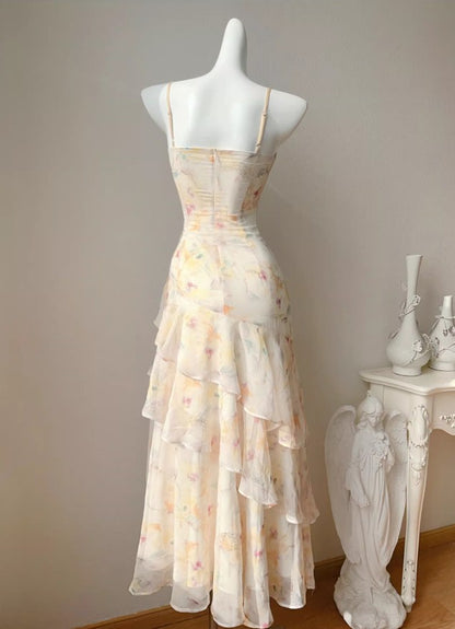 Süßes französisches Spaghettiträgerkleid mit Rüschendruck, modisches Meerjungfrauen-Partykleid ED02250