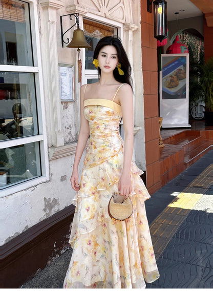 Süßes französisches Spaghettiträgerkleid mit Rüschendruck, modisches Meerjungfrauen-Partykleid ED02250