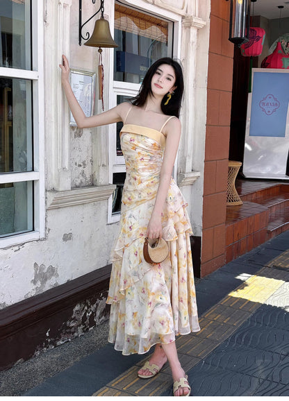 Süßes französisches Spaghettiträgerkleid mit Rüschendruck, modisches Meerjungfrauen-Partykleid ED02250