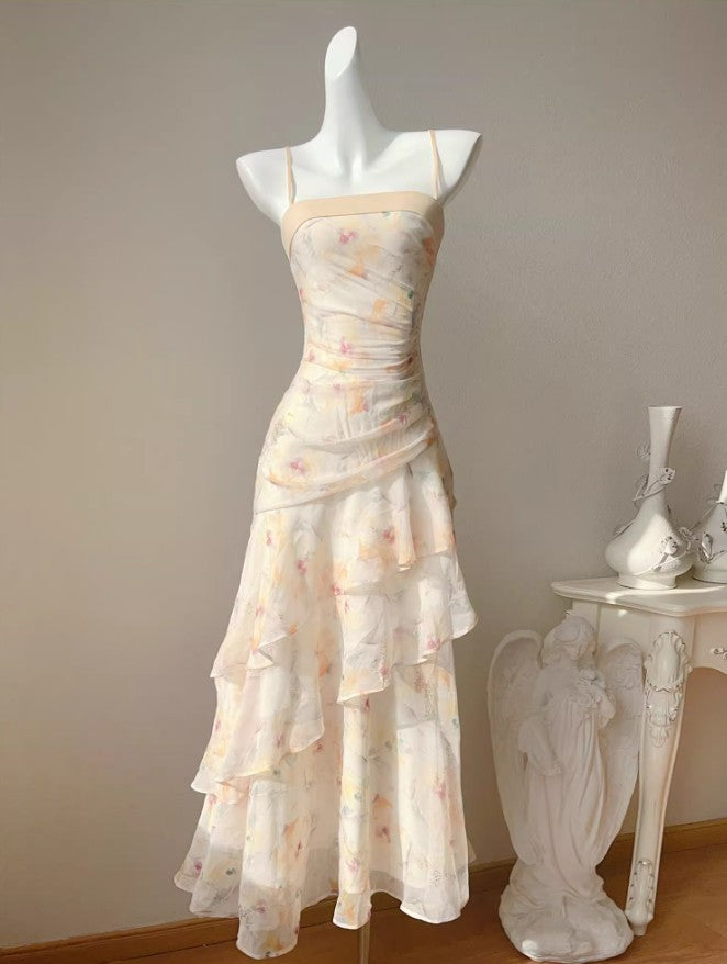 Süßes französisches Spaghettiträgerkleid mit Rüschendruck, modisches Meerjungfrauen-Partykleid ED02250
