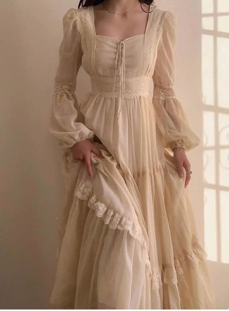 Robe de bal vintage en mousseline de soie et dentelle, style palais, robe de soirée d'anniversaire de conte de fées ED02251