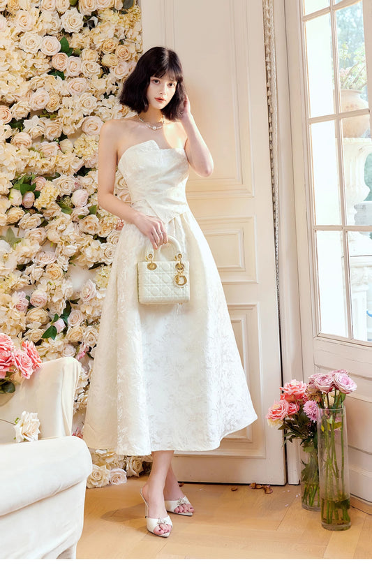 Jolie robe de soirée bustier blanche en satin jacquard, coupe trapèze, élégante, robe de bal d'anniversaire, ED02252