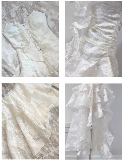 Süßes, helles Apricot-Chiffon-Kleid mit Spaghettiträgern und Rüschen, Hi-Lo-Ausschnitt, Geburtstagsparty, ED02253