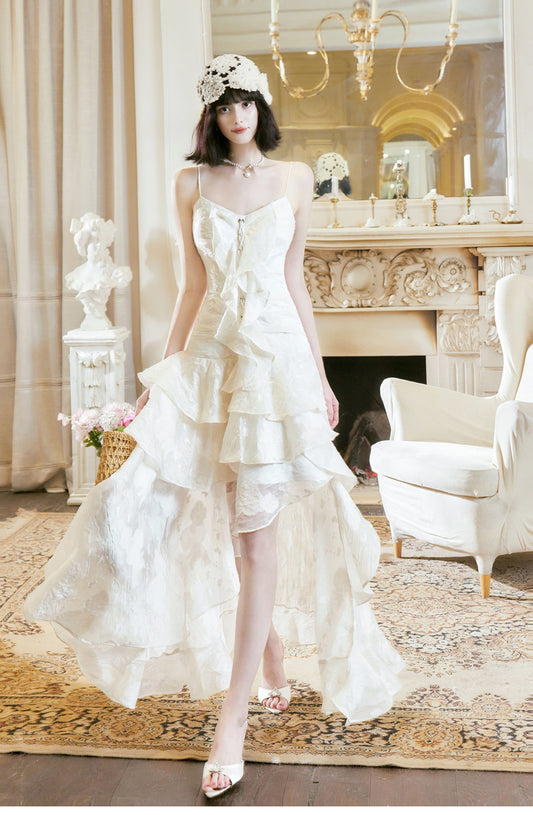 Robe de soirée d'anniversaire à volants en mousseline de soie à bretelles spaghetti, couleur abricot clair et doux, ED02253