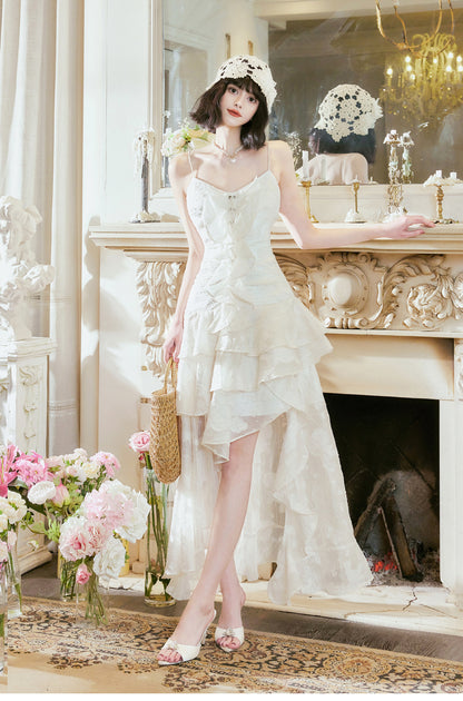 Süßes, helles Apricot-Chiffon-Kleid mit Spaghettiträgern und Rüschen, Hi-Lo-Ausschnitt, Geburtstagsparty, ED02253