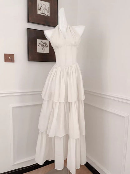 Süßes Neckholder-Partykleid aus Chiffon mit mehreren Lagen in A-Linie in Weiß ED02257