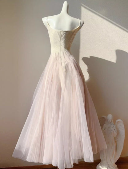 Robe de bal trapèze en tulle et dentelle rose et violet, bretelles spaghetti, ED02258