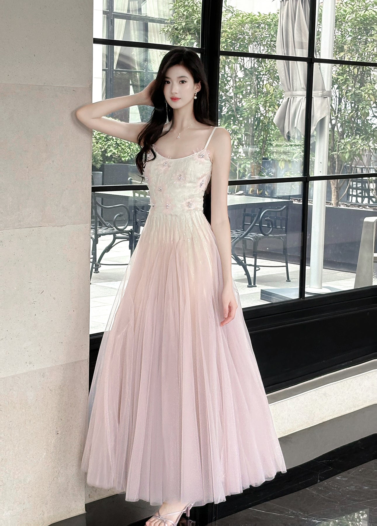 Robe de bal trapèze en tulle et dentelle rose et violet, bretelles spaghetti, ED02258