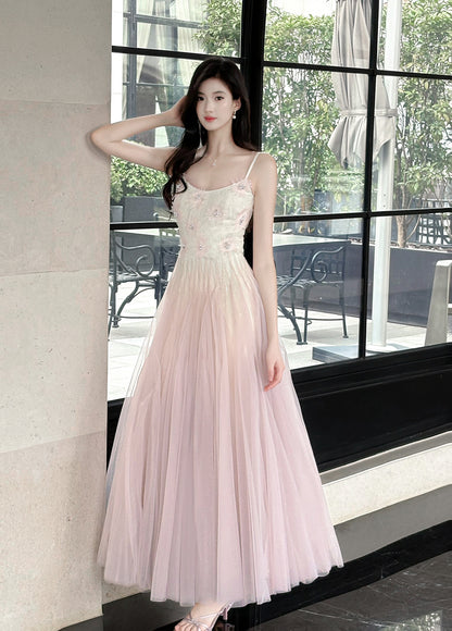 Robe de bal trapèze en tulle et dentelle rose et violet, bretelles spaghetti, ED02258