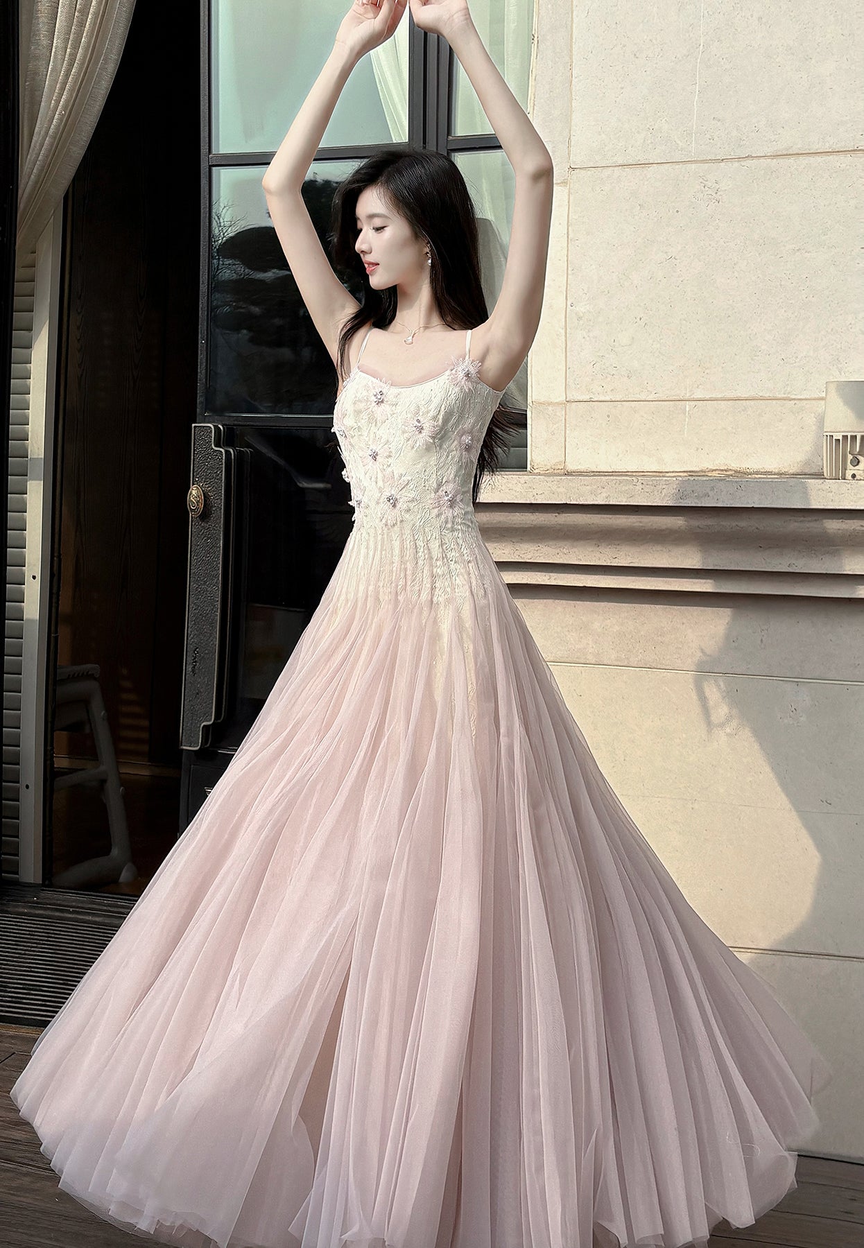 Robe de bal trapèze en tulle et dentelle rose et violet, bretelles spaghetti, ED02258