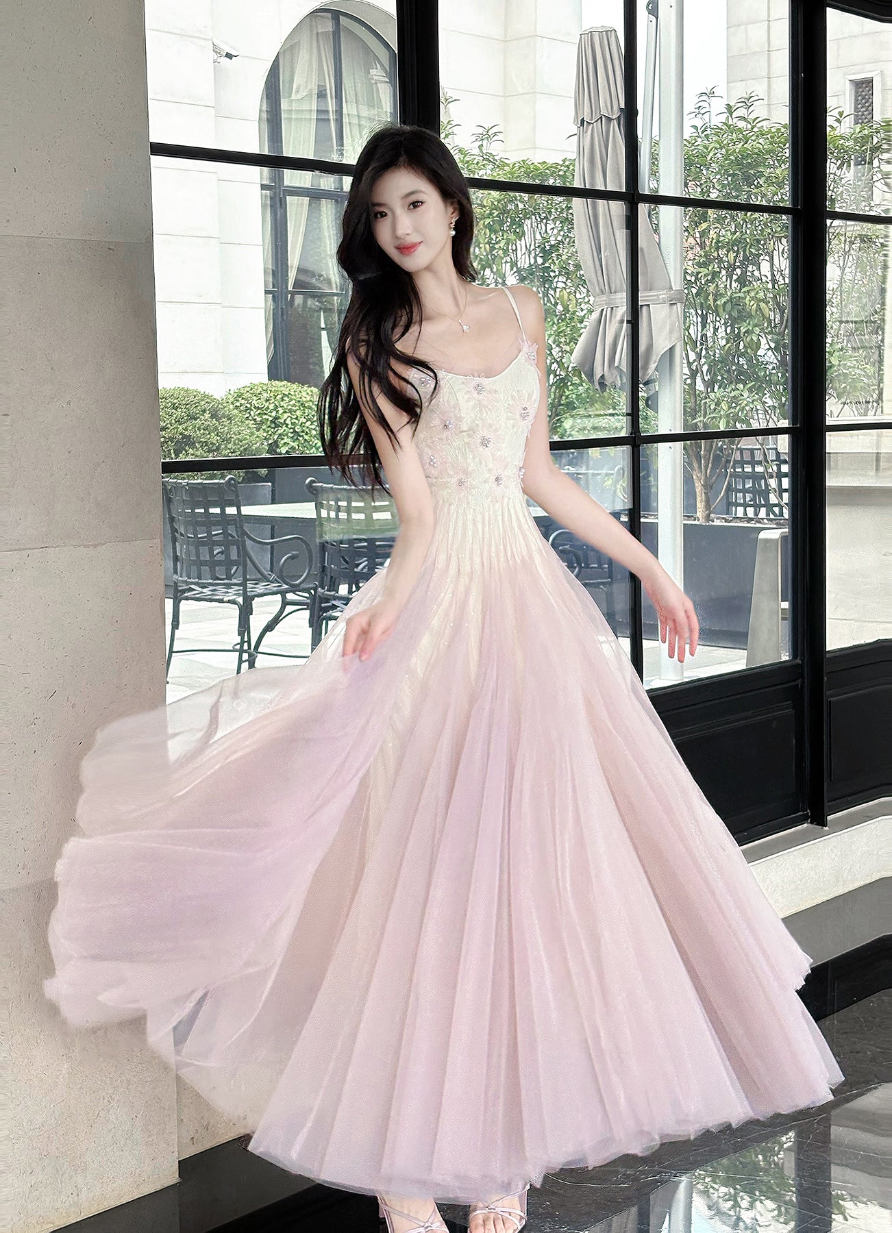 Robe de bal trapèze en tulle et dentelle rose et violet, bretelles spaghetti, ED02258