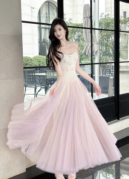 Robe de bal trapèze en tulle et dentelle rose et violet, bretelles spaghetti, ED02258