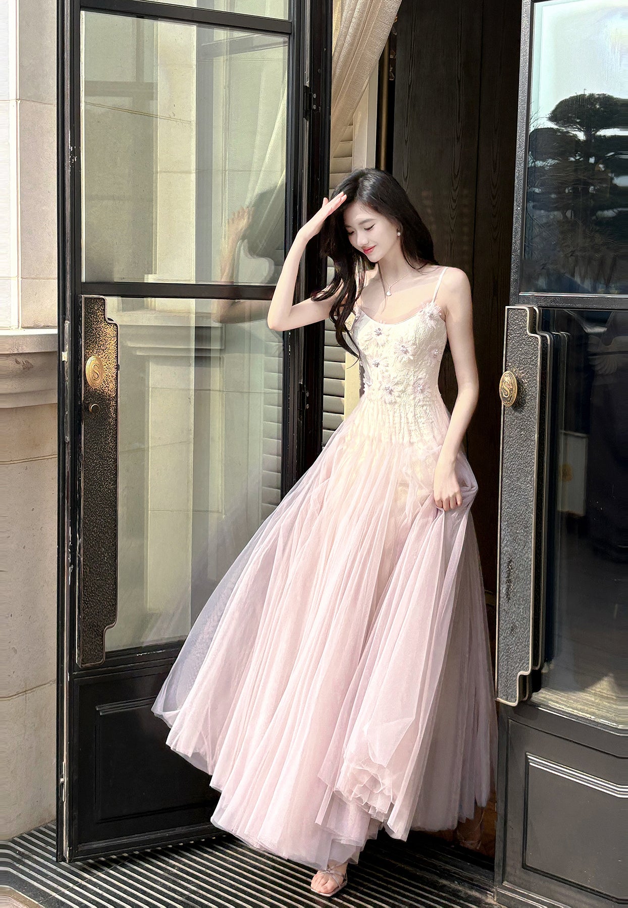 Robe de bal trapèze en tulle et dentelle rose et violet, bretelles spaghetti, ED02258