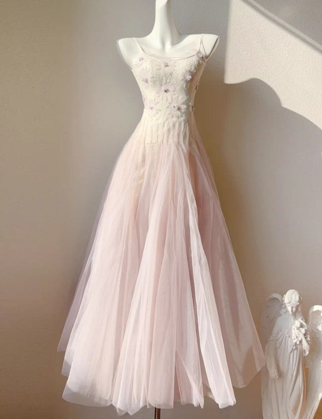Robe de bal trapèze en tulle et dentelle rose et violet, bretelles spaghetti, ED02258