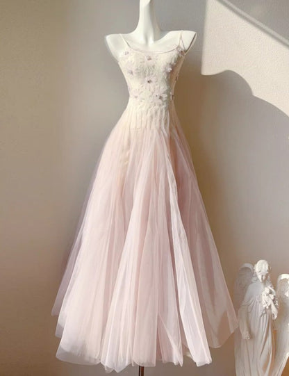 Robe de bal trapèze en tulle et dentelle rose et violet, bretelles spaghetti, ED02258
