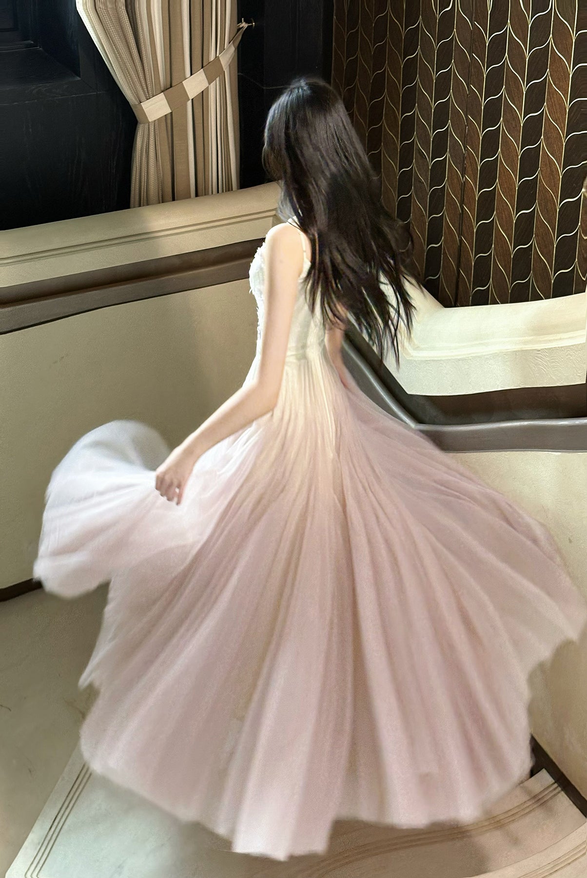 Robe de bal trapèze en tulle et dentelle rose et violet, bretelles spaghetti, ED02258