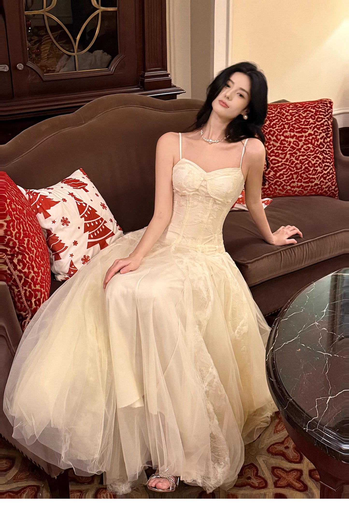 Süßes, helles Apricot-Trägerkleid aus Tüll in A-Linie mit Spaghettiträgern, Geburtstags- und Ballkleid ED02260
