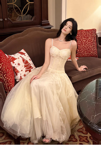 Süßes, helles Apricot-Trägerkleid aus Tüll in A-Linie mit Spaghettiträgern, Geburtstags- und Ballkleid ED02260