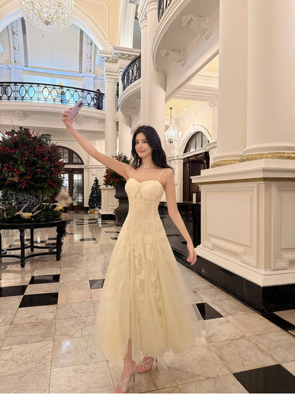 Süßes, helles Apricot-Trägerkleid aus Tüll in A-Linie mit Spaghettiträgern, Geburtstags- und Ballkleid ED02260