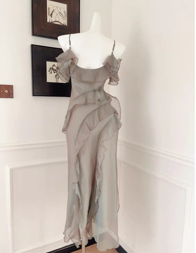 Robe de soirée fourreau en tulle à volants, élégante et française, à bretelles spaghetti, ED02261