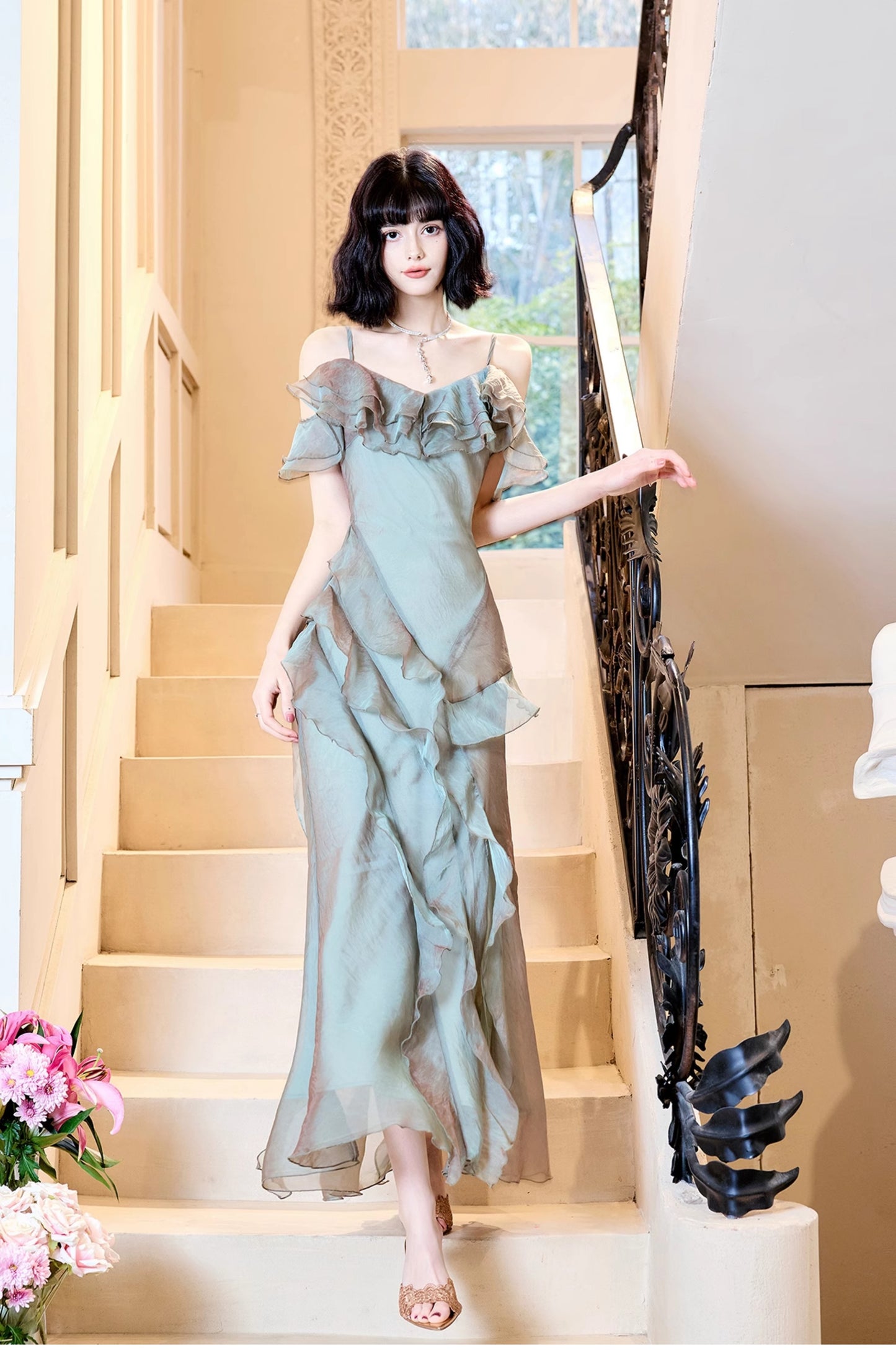 Robe de soirée fourreau en tulle à volants, élégante et française, à bretelles spaghetti, ED02261