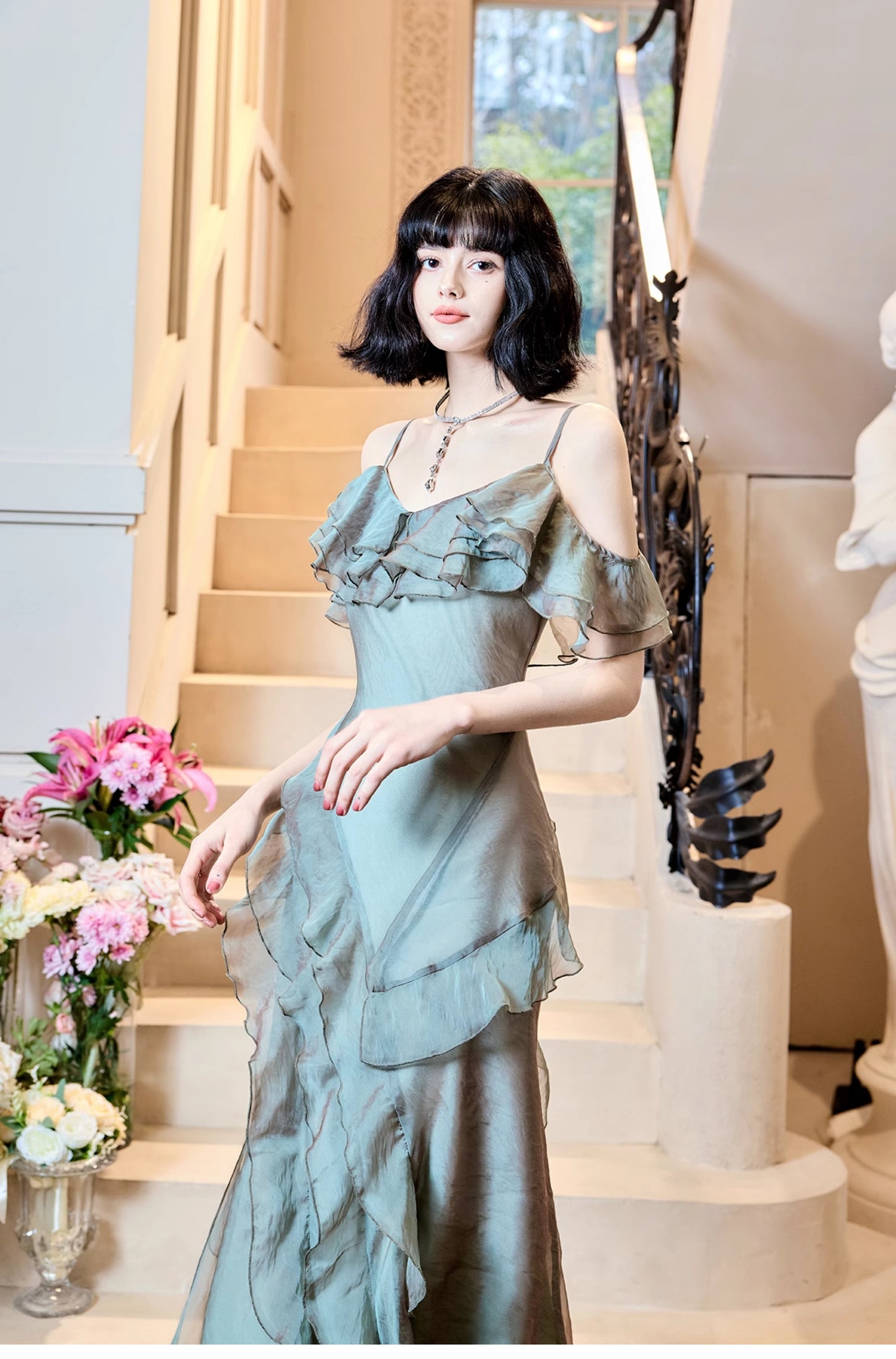 Robe de soirée fourreau en tulle à volants, élégante et française, à bretelles spaghetti, ED02261