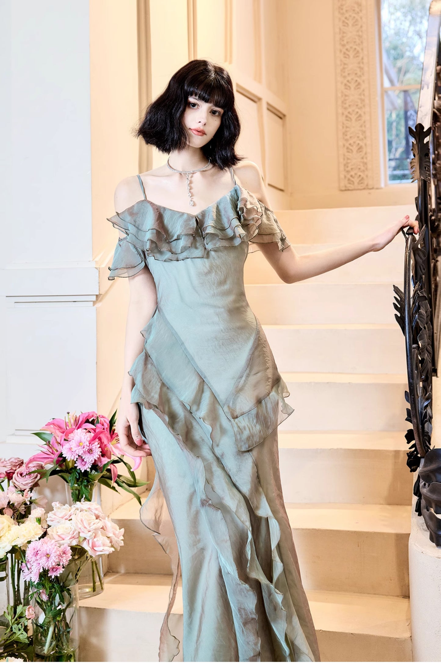 Robe de soirée fourreau en tulle à volants, élégante et française, à bretelles spaghetti, ED02261