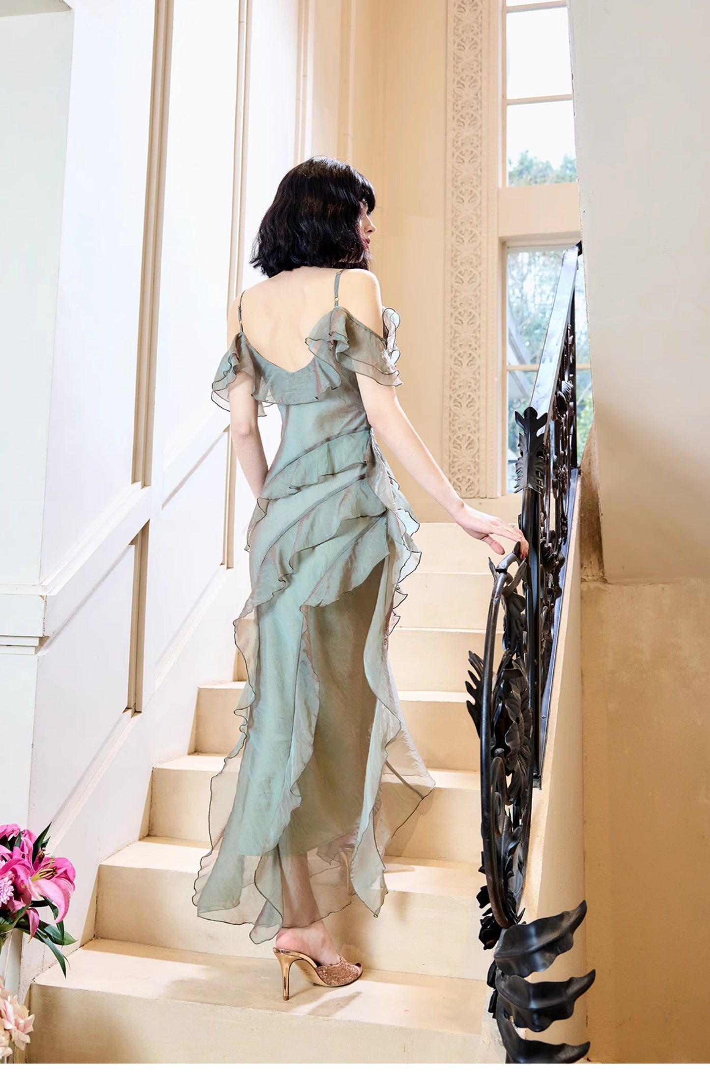 Robe de soirée fourreau en tulle à volants, élégante et française, à bretelles spaghetti, ED02261