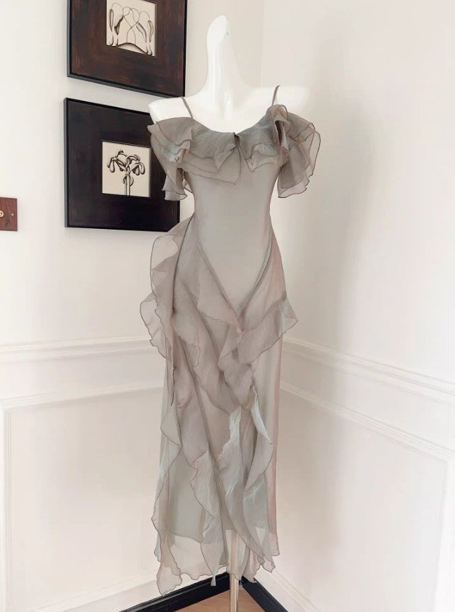 Robe de soirée fourreau en tulle à volants, élégante et française, à bretelles spaghetti, ED02261