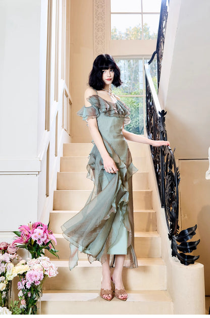 Robe de soirée fourreau en tulle à volants, élégante et française, à bretelles spaghetti, ED02261