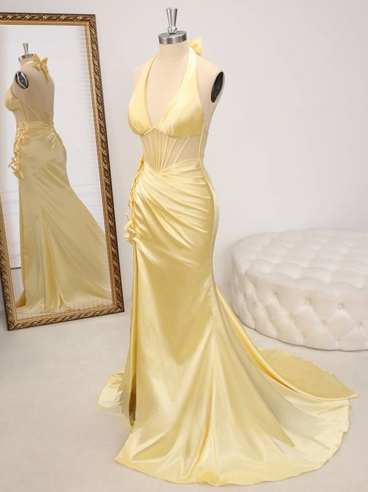 Superbe robe de soirée sirène en satin jaune beurre à col en V ED02264