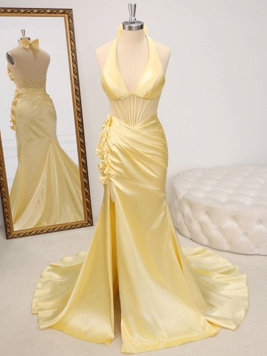 Superbe robe de soirée sirène en satin jaune beurre à col en V ED02264
