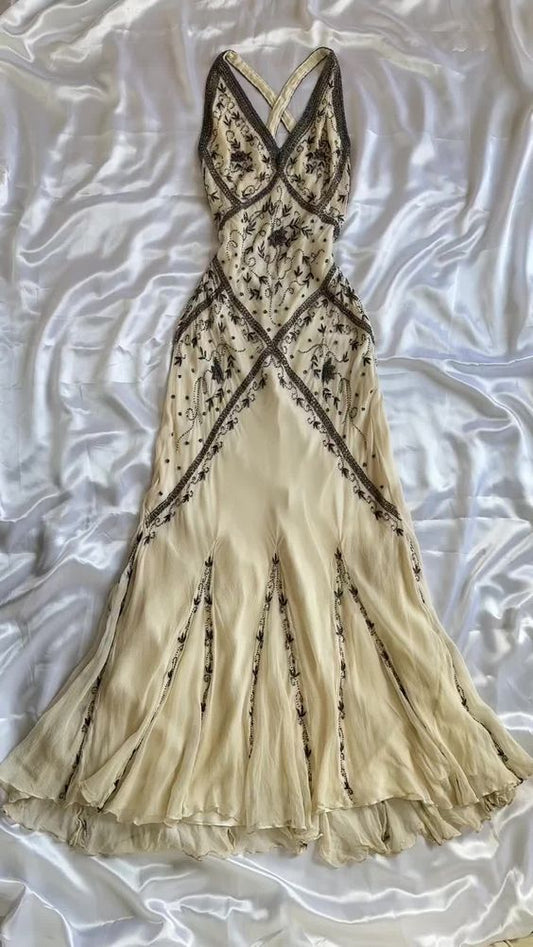 Vintage Beaded Chiffon Sheath Prom Dresses Backless Evening Dresses ED02267
