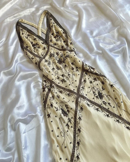 Robe de soirée fourreau vintage en mousseline de soie perlée, dos nu, ED02267
