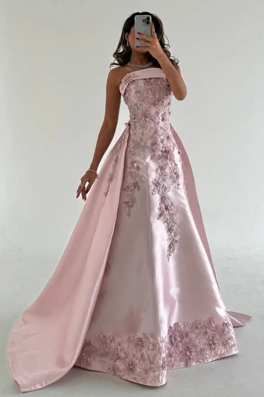 Robe de bal élégante en satin rose, coupe trapèze, sans bretelles, avec traîne et appliques, ED02268