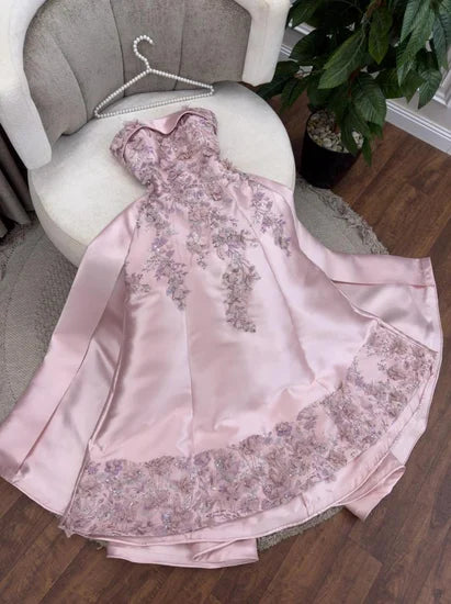 Elegant Pink  A-Line Strapless Satin Prom Dress with Appliques Train Evening Gowns ED02268