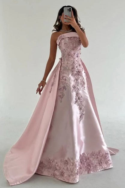 Elegant Pink  A-Line Strapless Satin Prom Dress with Appliques Train Evening Gowns