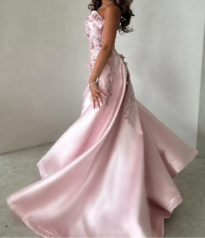 Elegant Pink  A-Line Strapless Satin Prom Dress with Appliques Train Evening Gowns