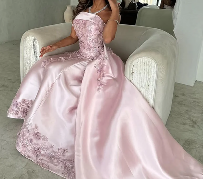 Elegant Pink  A-Line Strapless Satin Prom Dress with Appliques Train Evening Gowns