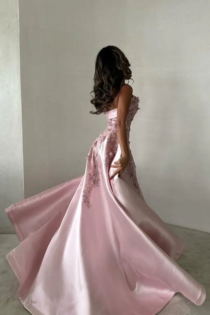 Elegant Pink  A-Line Strapless Satin Prom Dress with Appliques Train Evening Gowns