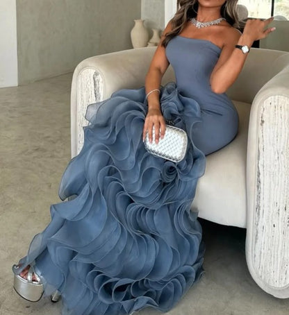 Dusty Blue Mermaid Strapless  Long Tulle Prom Dress with Ruffle Evening Gowns ED02269