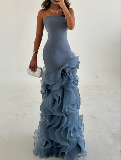 Dusty Blue Mermaid Strapless  Long Tulle Prom Dress with Ruffle Evening Gowns ED02269