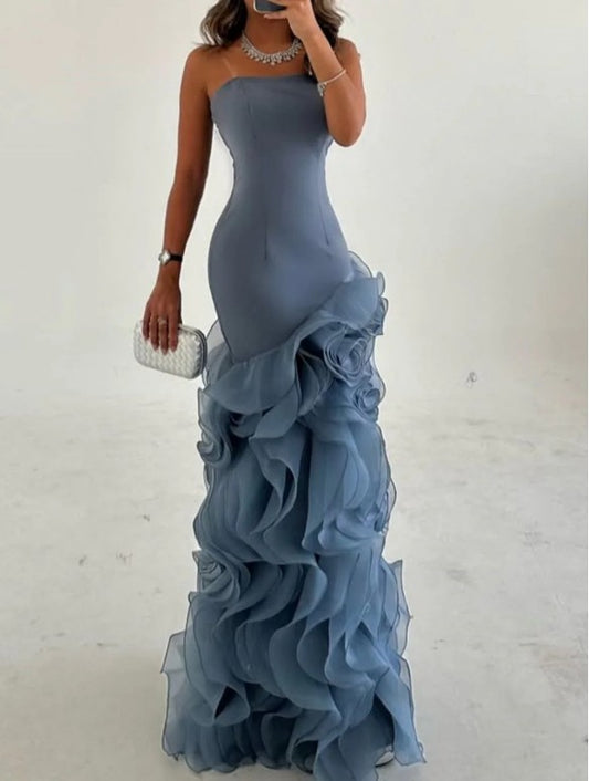 Robe de bal sirène bleu poudré, longue, bustier, en tulle, avec volants, ED02269