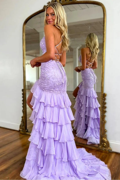 Atemberaubendes lila Meerjungfrau-Abschlussballkleid mit Spaghettiträgern, rückenfreiem Abendkleid mit Spitzenapplikation und Rüschen ED02271