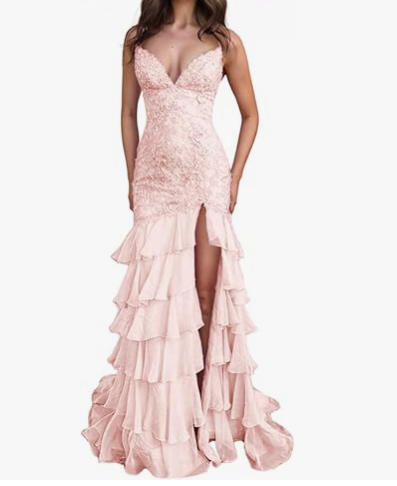 Atemberaubendes lila Meerjungfrau-Abschlussballkleid mit Spaghettiträgern, rückenfreiem Abendkleid mit Spitzenapplikation und Rüschen ED02271