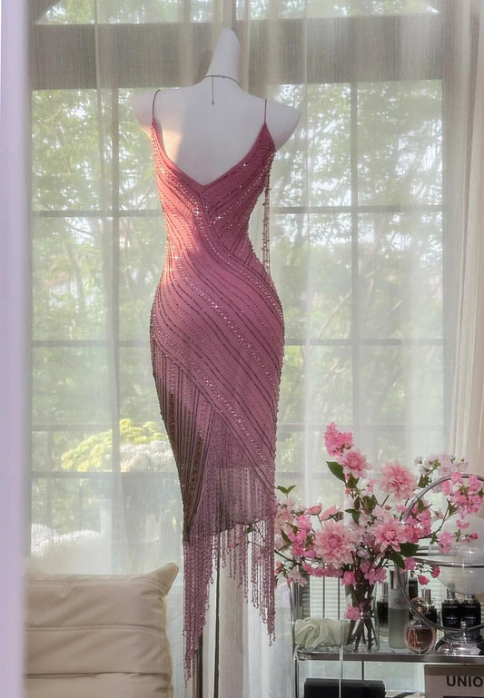 Wunderschöne rosa Chiffon Perlen Spaghetti-Trägern kurze Ballkleider Vintage Abendkleider ED02274