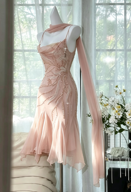 Fairytale Bud Grünes Etuikleid, kurzes Ballkleid, Chiffon, rückenfreies Partykleid mit Perlen ED02275