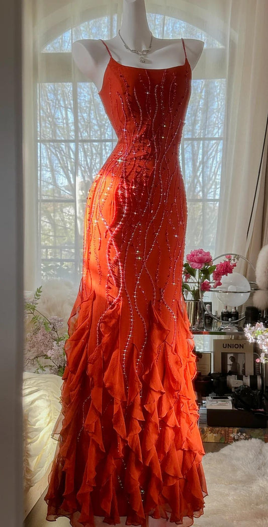 Elegantes rotes Spaghettiträger-Chiffon-Rüschen-Etuikleid mit Perlen, langes Ballkleid ED02276