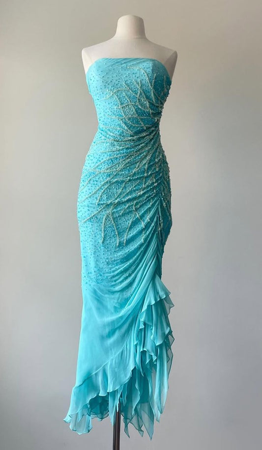 Wunderschönes blaues Chiffon-Etuikleid mit Perlen, trägerlos, Ballkleid, formelles Abendkleid mit Rüschen ED02278