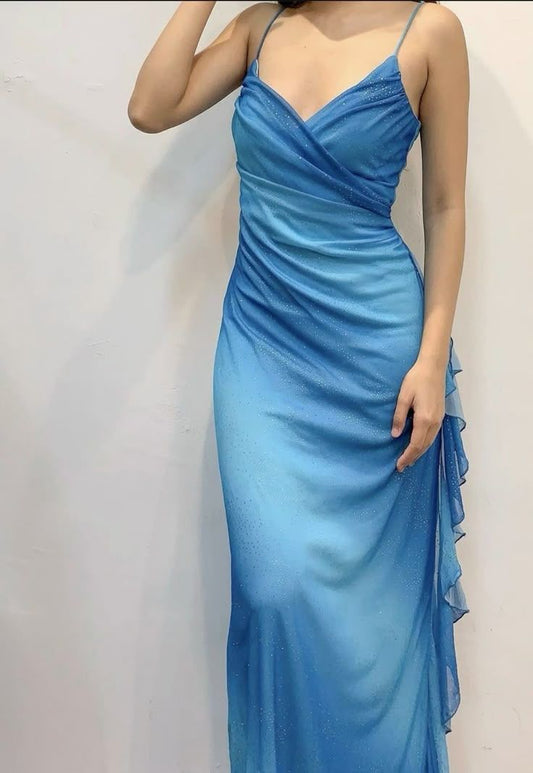 Blaues Glitzer-Chiffon-Partykleid mit Spaghettiträgern und Rüschen, lange Ballkleider, ED02279